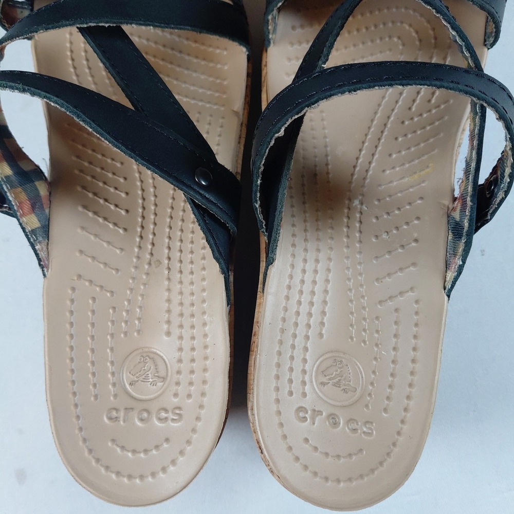 Crocs Wedge Sandals 11847 Size 8 A-Leigh Cork Black Leather Boho Slide - Picture 6 of 9